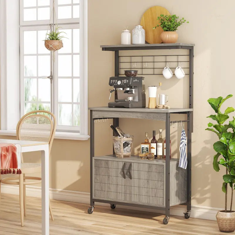 Estantería de panadero rústica marrón/gris con altura ajustable y gabinete de doble puerta - Montaje para 1 persona