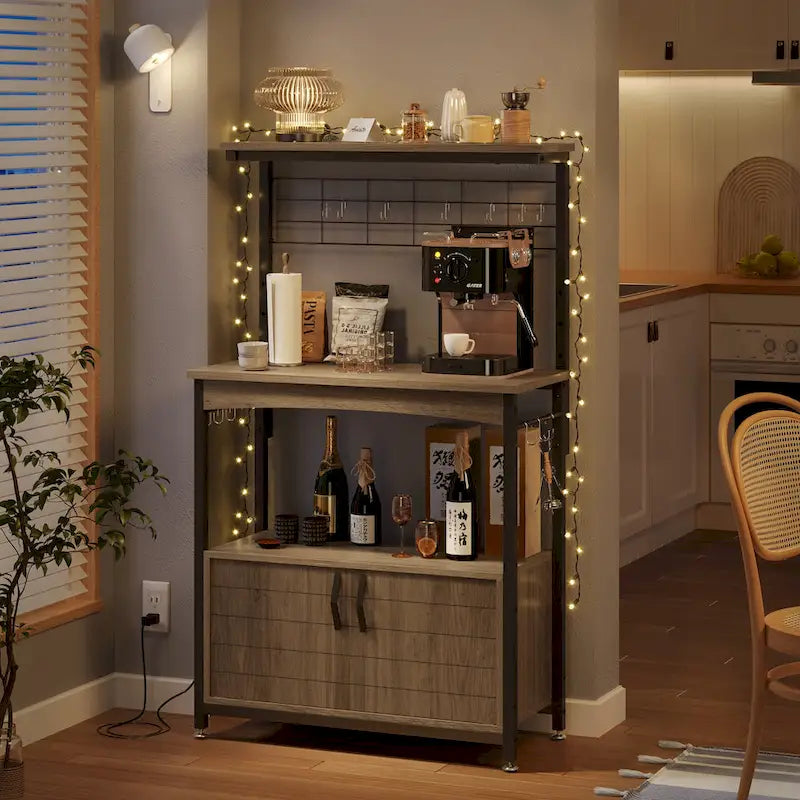 Estantería de panadero rústica marrón/gris con altura ajustable y gabinete de doble puerta - Montaje para 1 persona