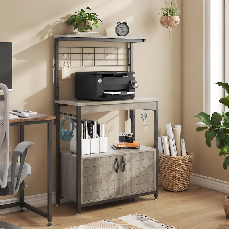 Estantería de panadero rústica marrón/gris con altura ajustable y gabinete de doble puerta - Montaje para 1 persona