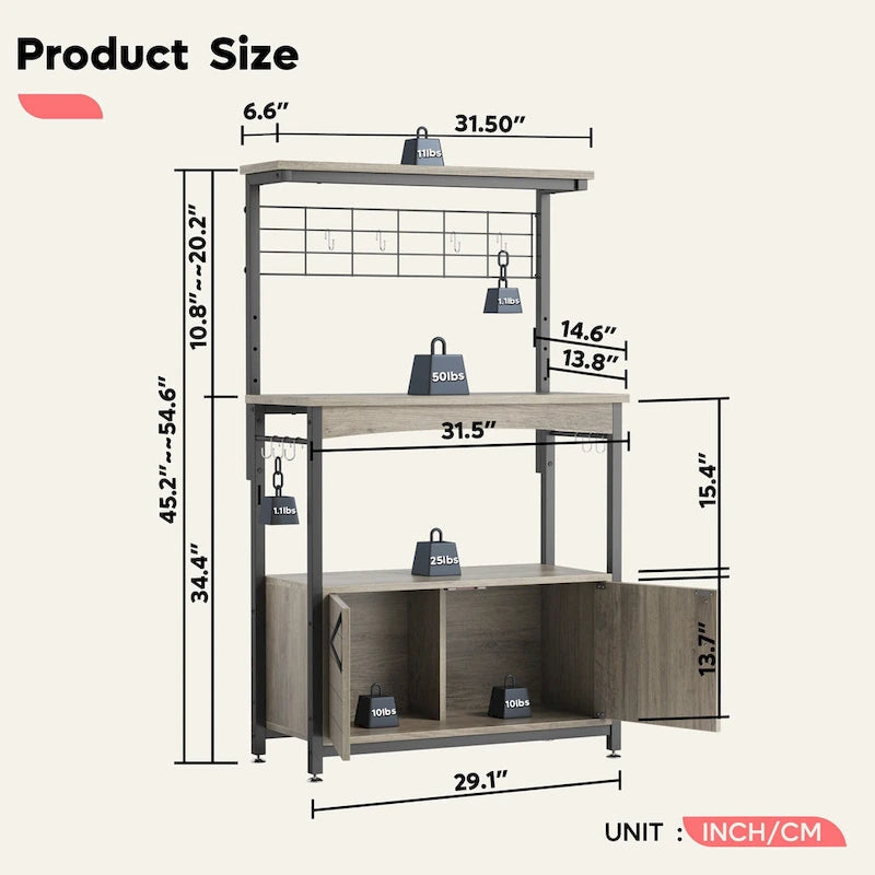 Estantería de panadero rústica marrón/gris con altura ajustable y gabinete de doble puerta - Montaje para 1 persona