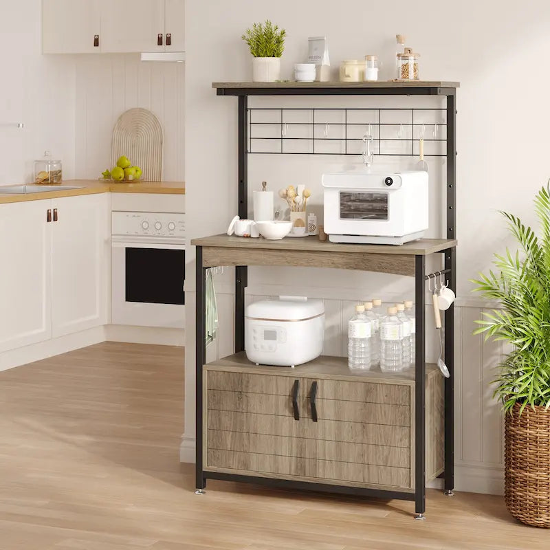 Estantería de panadero rústica marrón/gris con altura ajustable y gabinete de doble puerta - Montaje para 1 persona