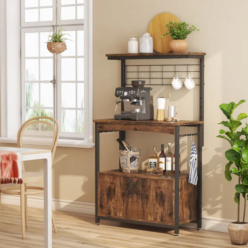 Estantería de panadero rústica marrón/gris con altura ajustable y gabinete de doble puerta - Montaje para 1 persona