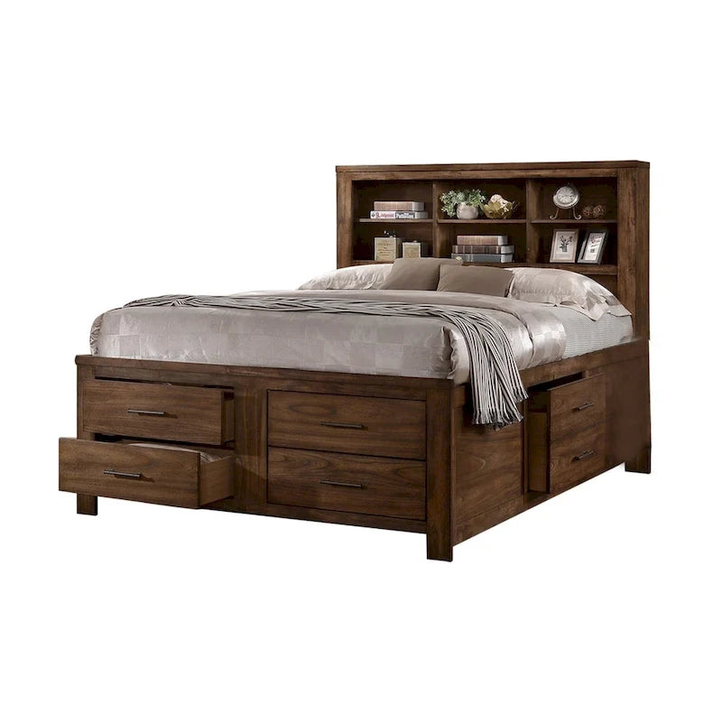 Cama tipo plataforma de madera de nogal con 6 cajones de almacenamiento - Queen / King / Cal King