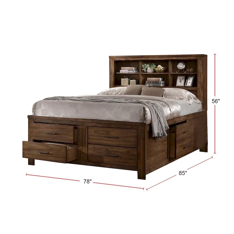 Cama tipo plataforma de madera de nogal con 6 cajones de almacenamiento - Queen / King / Cal King