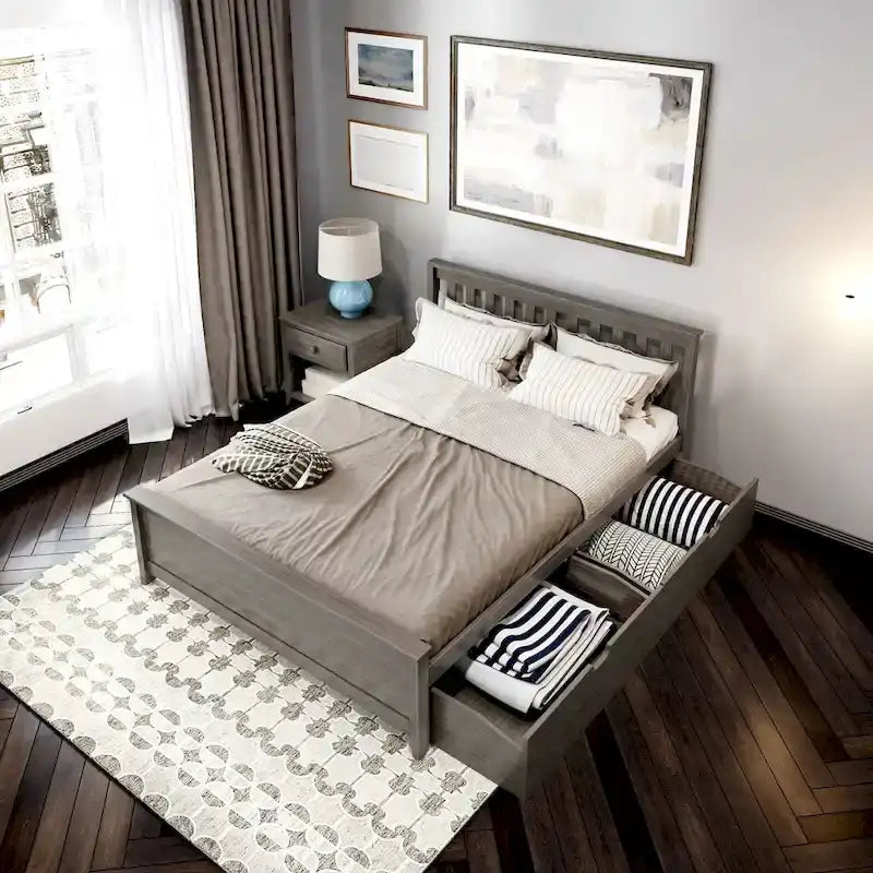 Cama Queen con Cajones de Almacenamiento — Arcilla / Blanca | Cabecero de Listones | Capacidad para 2