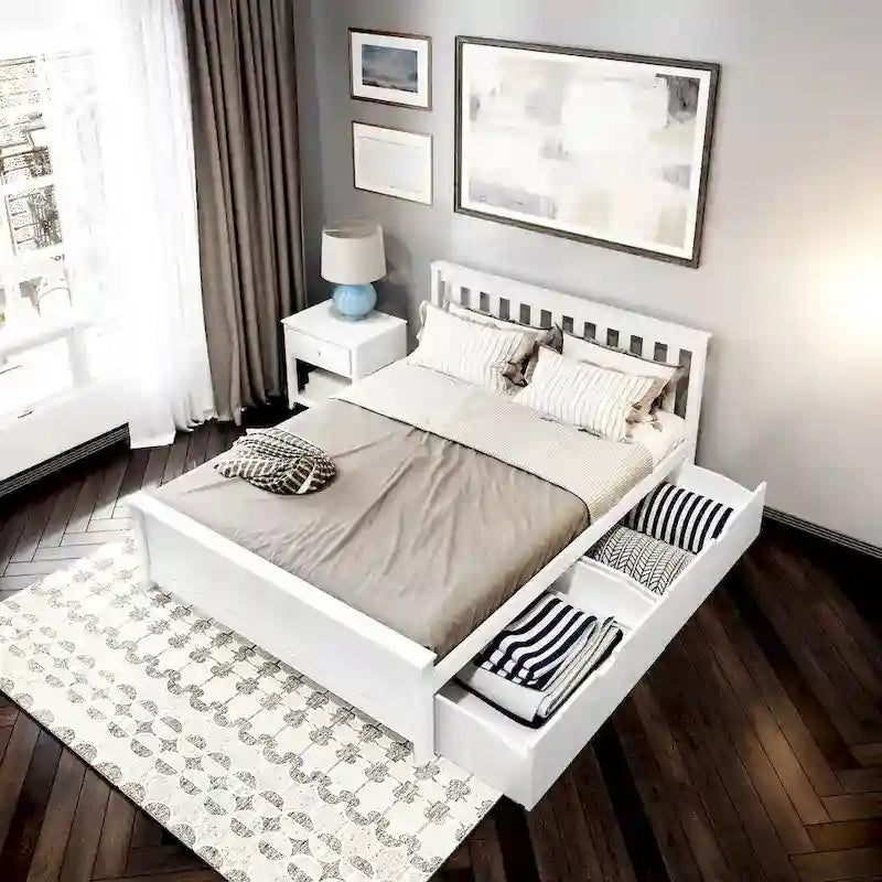 Cama Queen con Cajones de Almacenamiento — Arcilla / Blanca | Cabecero de Listones | Capacidad para 2