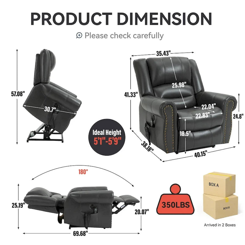 Sillón reclinable elevador eléctrico – Marrón antiguo / Marrón / Negro / Gris – Asiento individual