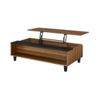 Mesa de centro elevable de madera nogal y negra, tapa de MDF, capacidad para 1 o 2 personas