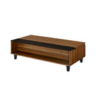 Mesa de centro elevable de madera nogal y negra, tapa de MDF, capacidad para 1 o 2 personas