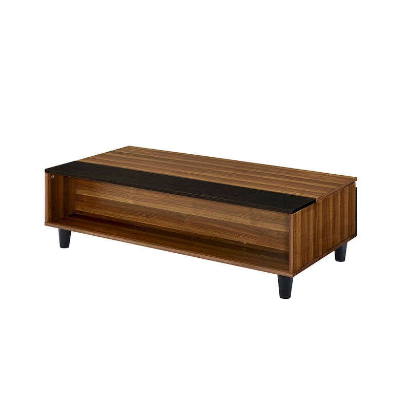 Mesa de centro elevable de madera nogal y negra, tapa de MDF, capacidad para 1 o 2 personas