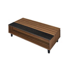 Mesa de centro elevable de madera nogal y negra, tapa de MDF, capacidad para 1 o 2 personas