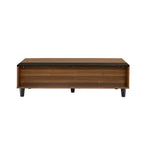 Mesa de centro elevable de madera nogal y negra, tapa de MDF, capacidad para 1 o 2 personas