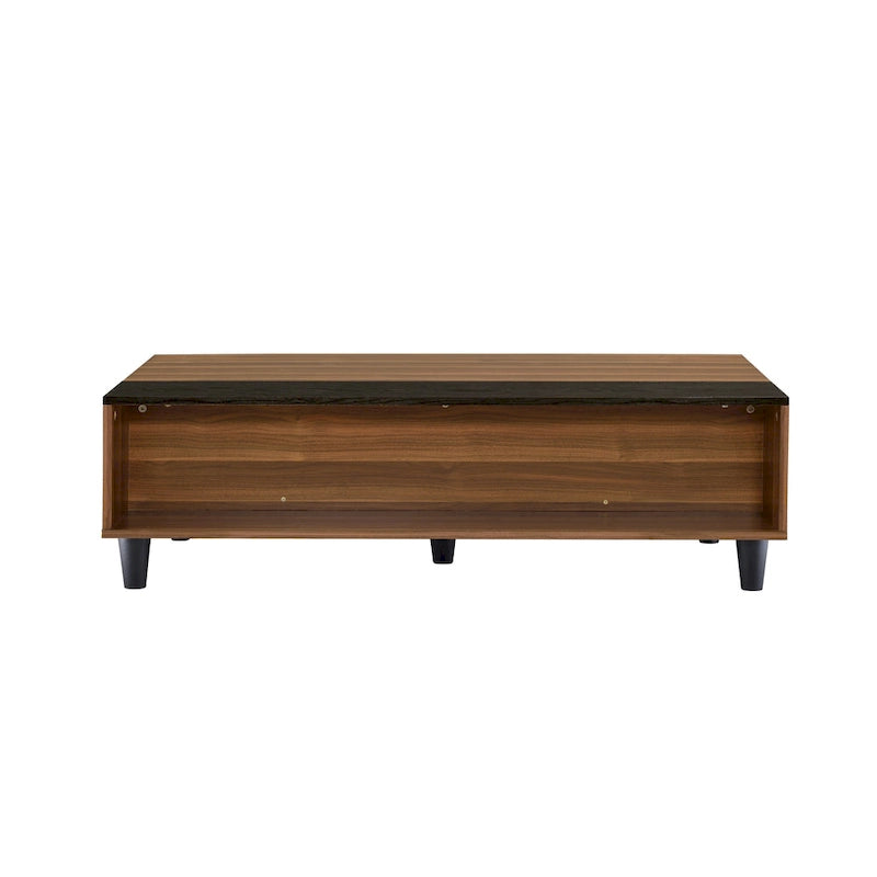 Mesa de centro elevable de madera nogal y negra, tapa de MDF, capacidad para 1 o 2 personas