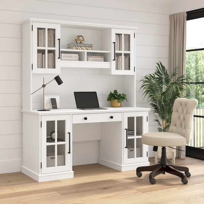 Escritorio de computadora Fresno Blanco de 60W con estante superior y almacenamiento, 1 persona