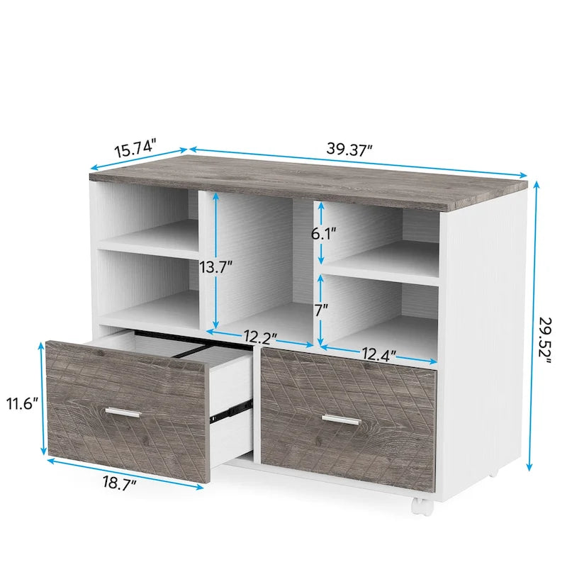 Archivador móvil moderno roble/gris/marrón, 2 cajones + 5 estantes abiertos, para un solo usuario