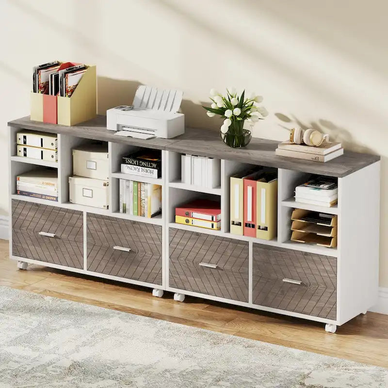 Archivador móvil moderno roble/gris/marrón, 2 cajones + 5 estantes abiertos, para un solo usuario
