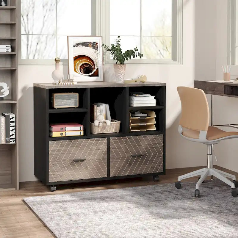 Archivador móvil moderno roble/gris/marrón, 2 cajones + 5 estantes abiertos, para un solo usuario