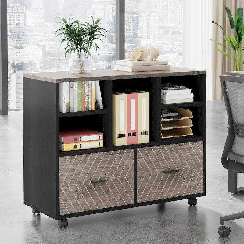 Archivador móvil moderno roble/gris/marrón, 2 cajones + 5 estantes abiertos, para un solo usuario