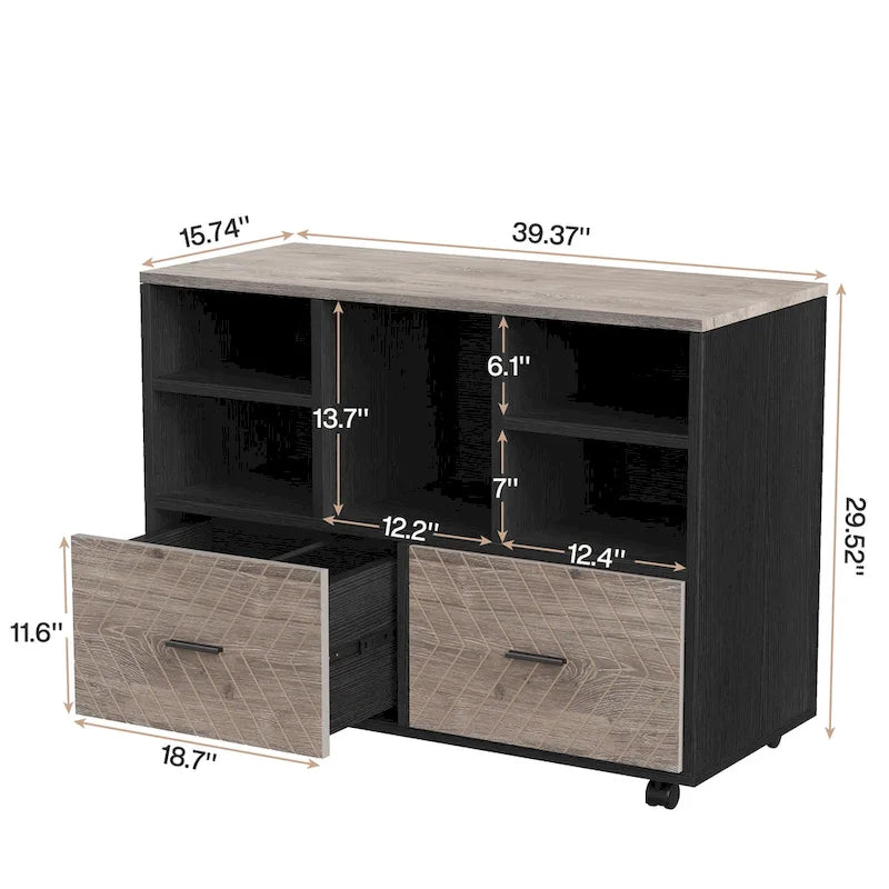 Archivador móvil moderno roble/gris/marrón, 2 cajones + 5 estantes abiertos, para un solo usuario