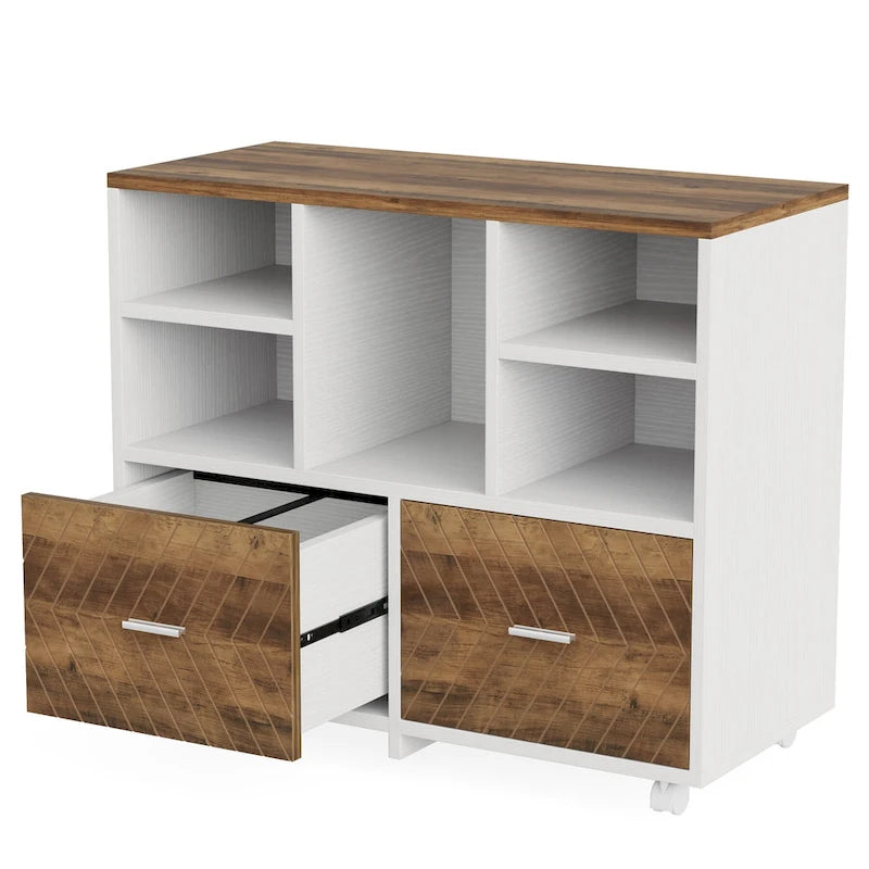 Archivador móvil moderno roble/gris/marrón, 2 cajones + 5 estantes abiertos, para un solo usuario