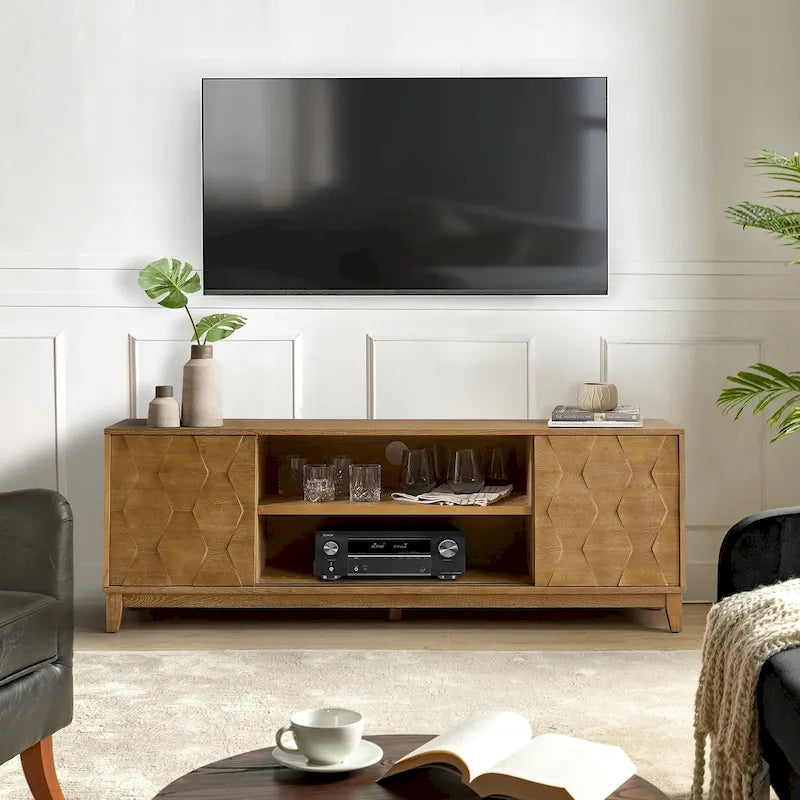 Mueble de TV de nogal/madera flotante con puertas correderas y 2 cajones, apto para televisores de hasta 78"