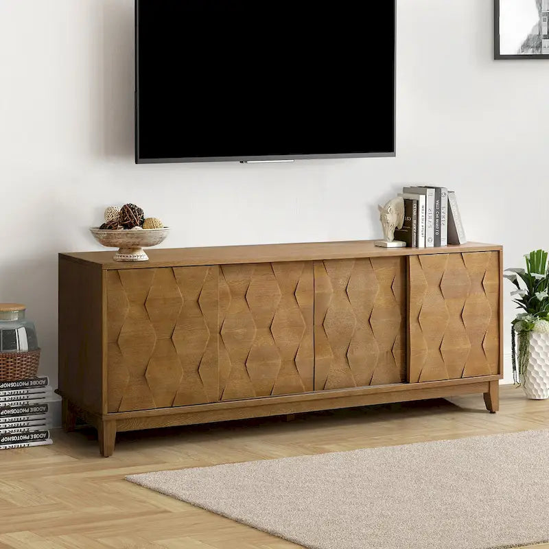 Mueble de TV de nogal/madera flotante con puertas correderas y 2 cajones, apto para televisores de hasta 78"