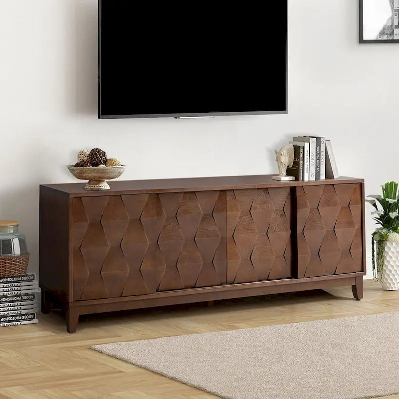 Mueble de TV de nogal/madera flotante con puertas correderas y 2 cajones, apto para televisores de hasta 78"