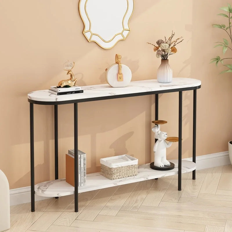 Mesa consola estrecha de 2 niveles negra/blanca y dorada/blanca