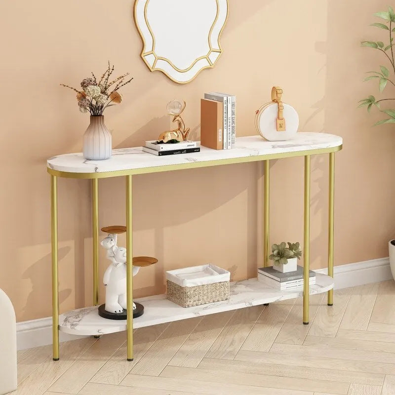 Mesa consola estrecha de 2 niveles negra/blanca y dorada/blanca