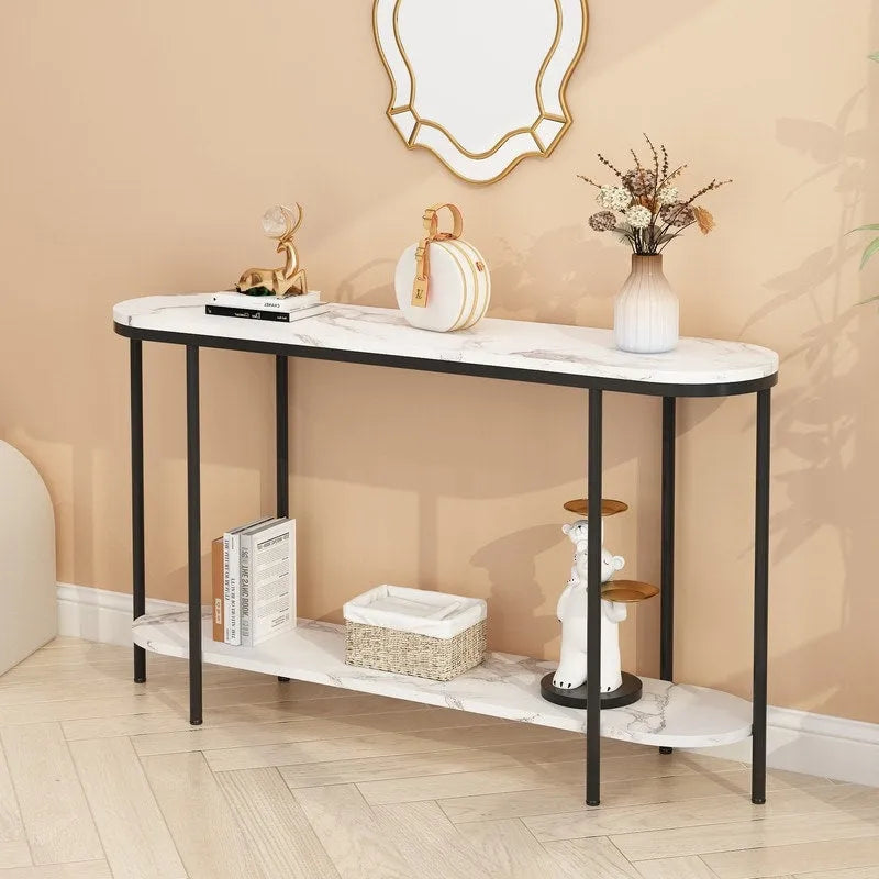 Mesa consola estrecha de 2 niveles negra/blanca y dorada/blanca