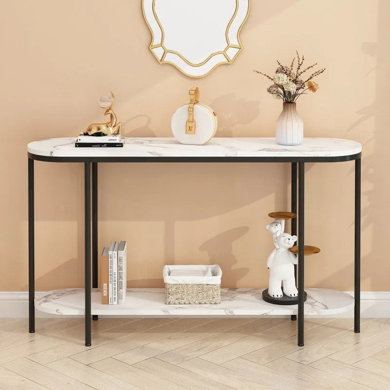 Mesa consola estrecha de 2 niveles negra/blanca y dorada/blanca