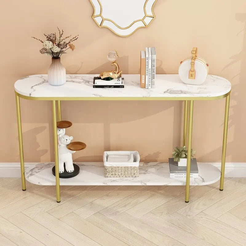 Mesa consola estrecha de 2 niveles negra/blanca y dorada/blanca
