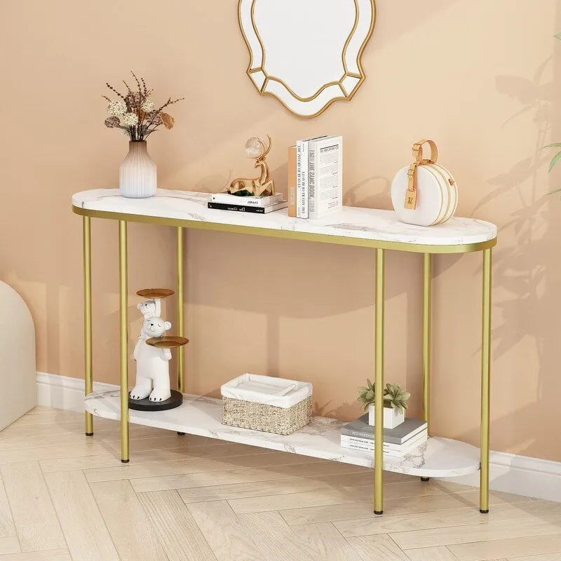 Mesa consola estrecha de 2 niveles negra/blanca y dorada/blanca