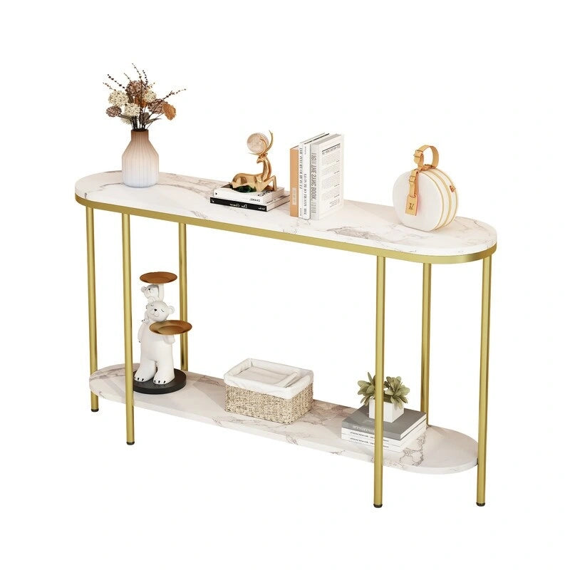 Mesa consola estrecha de 2 niveles negra/blanca y dorada/blanca