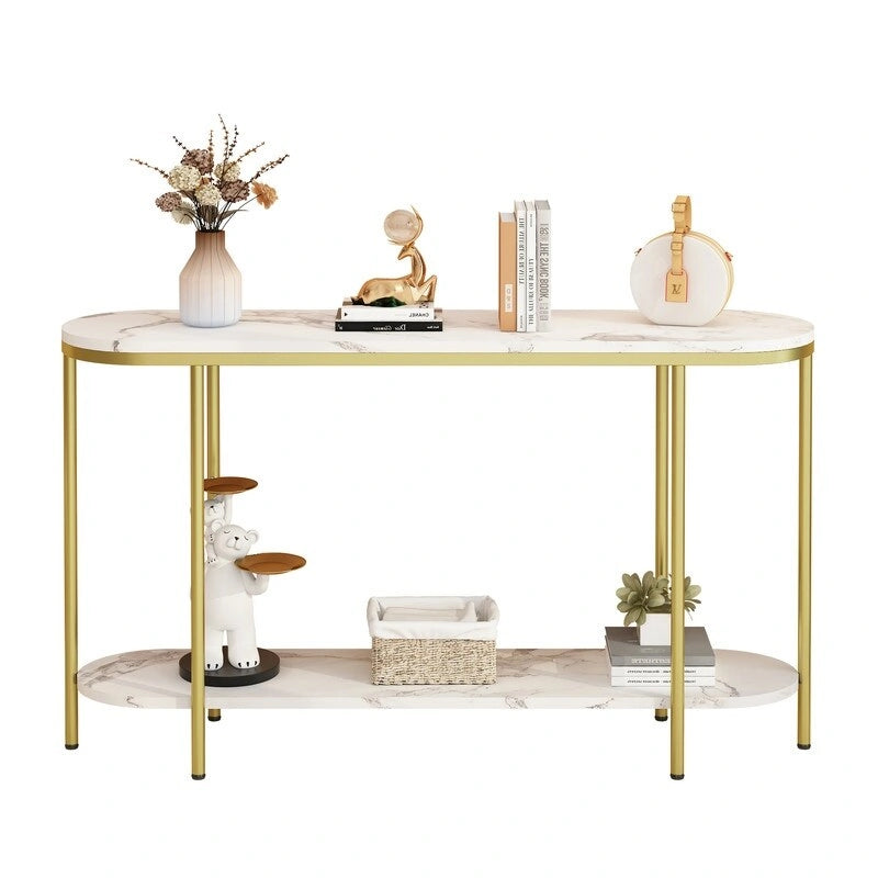 Mesa consola estrecha de 2 niveles negra/blanca y dorada/blanca