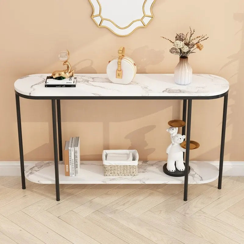 Mesa consola estrecha de 2 niveles negra/blanca y dorada/blanca