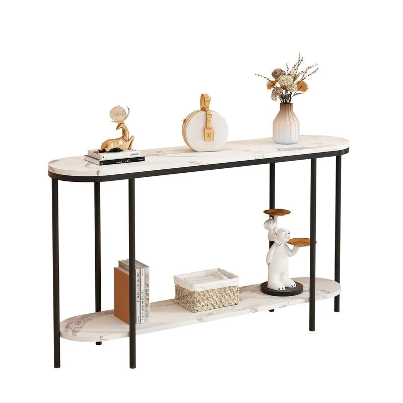 Mesa consola estrecha de 2 niveles negra/blanca y dorada/blanca