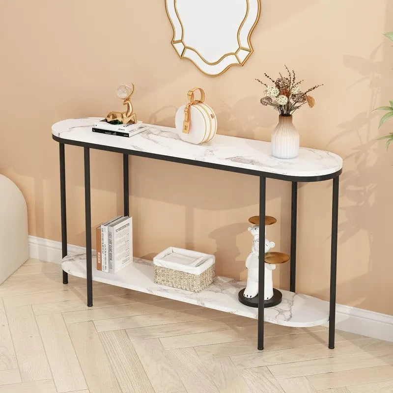 Mesa consola estrecha de 2 niveles negra/blanca y dorada/blanca