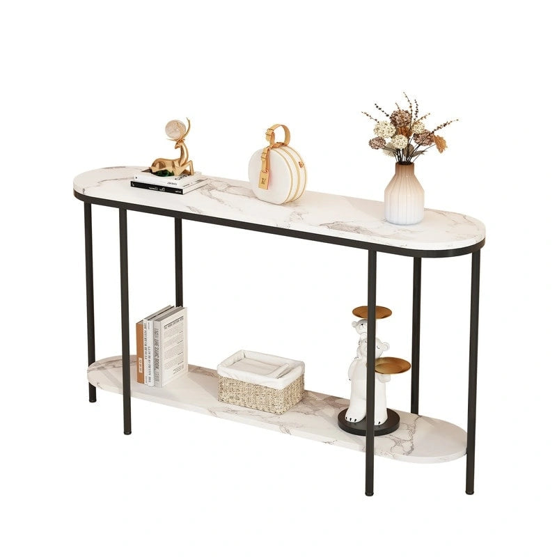 Mesa consola estrecha de 2 niveles negra/blanca y dorada/blanca