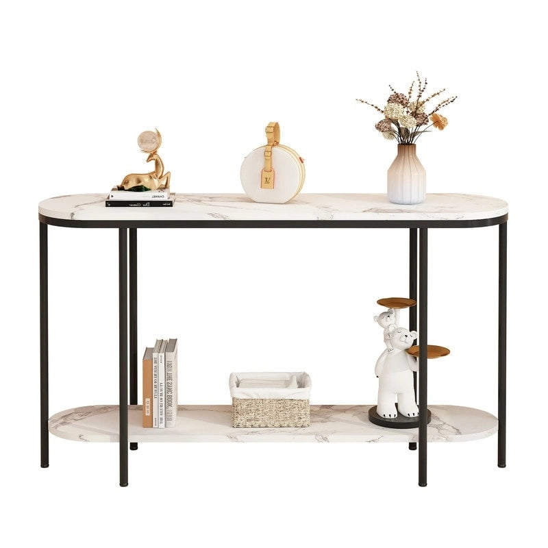 Mesa consola estrecha de 2 niveles negra/blanca y dorada/blanca