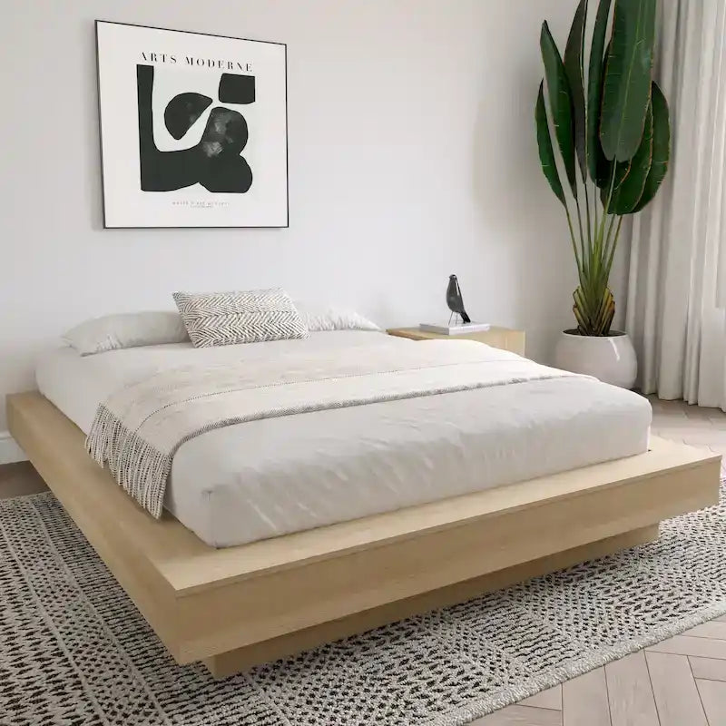 Base de cama baja de roble rubio natural / roble marrón — King, para 2 personas