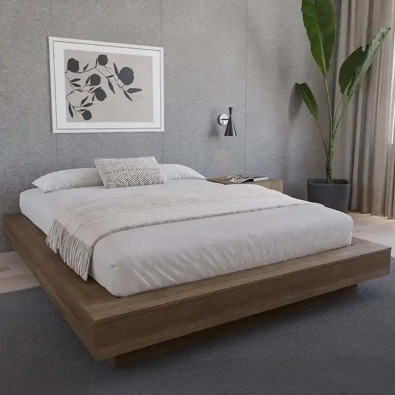 Base de cama baja de roble rubio natural / roble marrón — King, para 2 personas