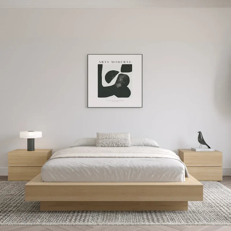 Base de cama baja de roble rubio natural / roble marrón — King, para 2 personas