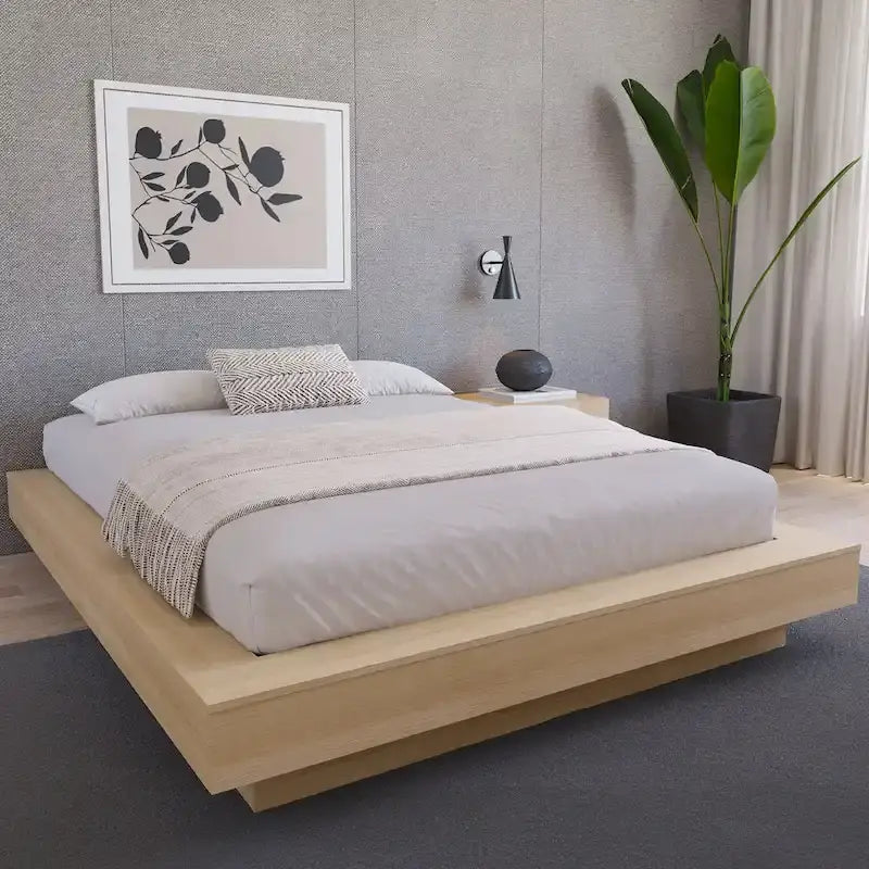 Base de cama baja de roble rubio natural / roble marrón — King, para 2 personas