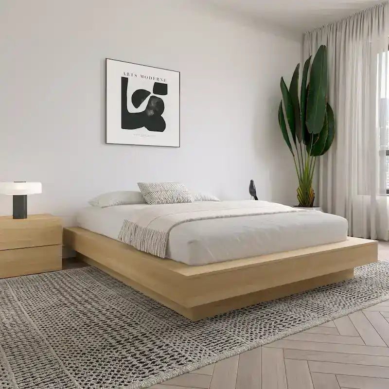 Base de cama baja de roble rubio natural / roble marrón — King, para 2 personas