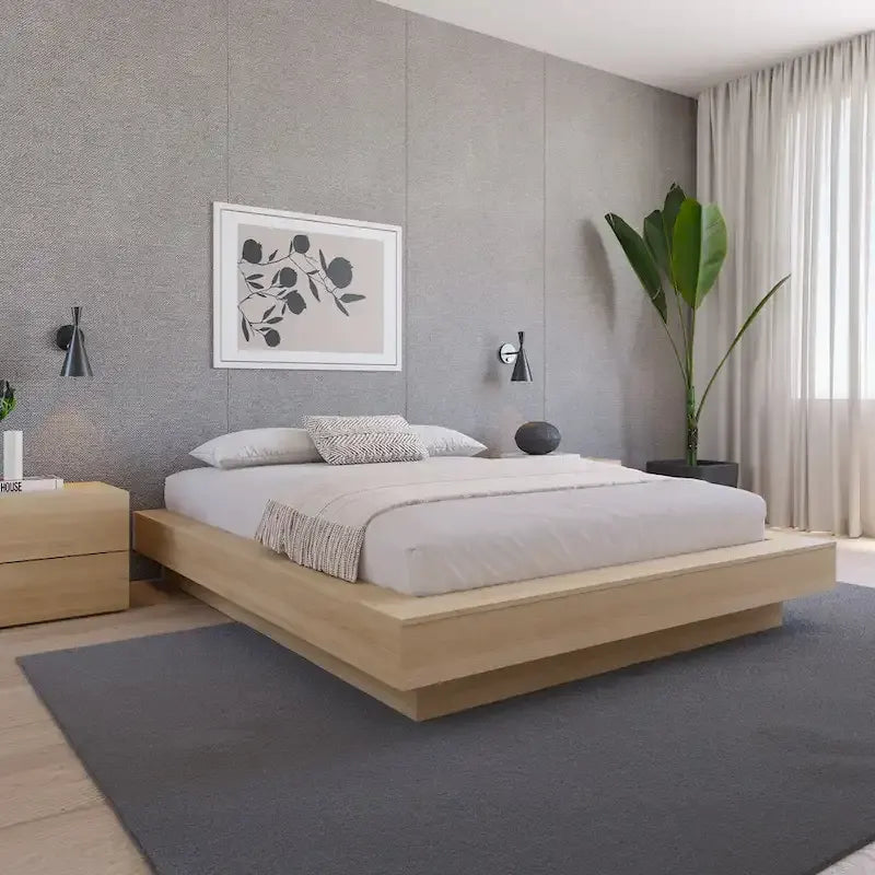 Base de cama baja de roble rubio natural / roble marrón — King, para 2 personas