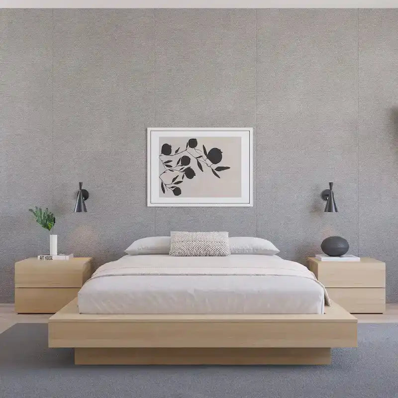 Base de cama baja de roble rubio natural / roble marrón — King, para 2 personas