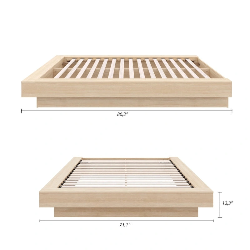 Base de cama baja de roble rubio natural / roble marrón — King, para 2 personas