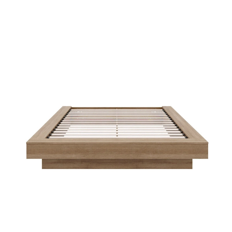 Base de cama baja de roble rubio natural / roble marrón — King, para 2 personas
