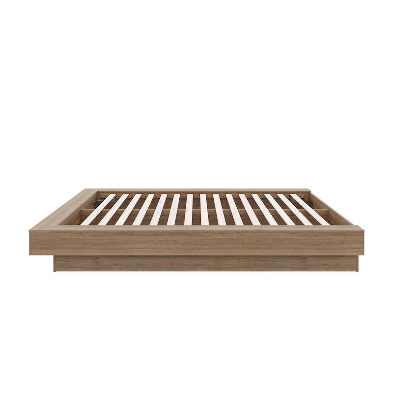 Base de cama baja de roble rubio natural / roble marrón — King, para 2 personas